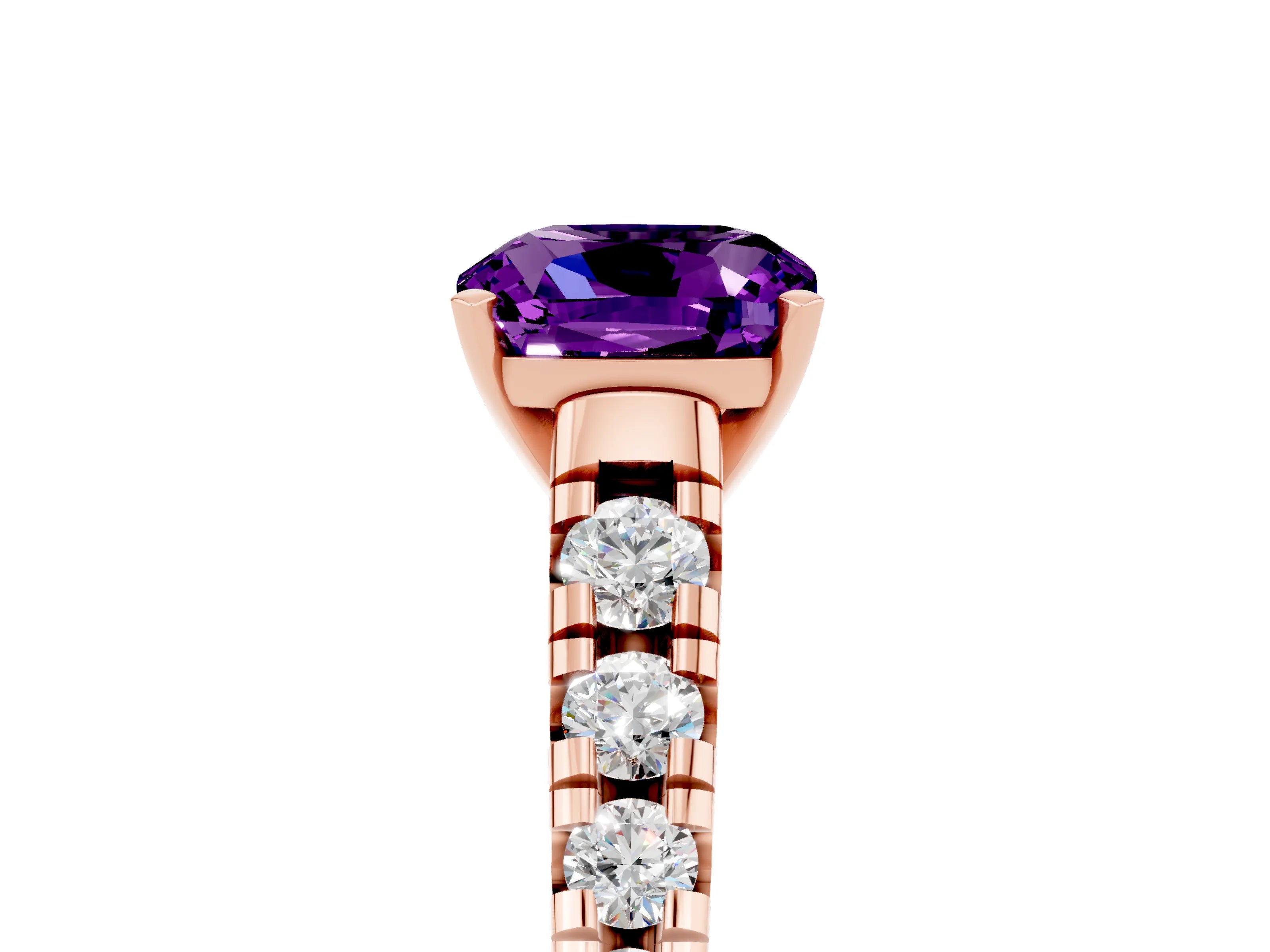 Rose gold Cushion Cut Amethyst Solitaire Ring with Cathedral Setting and Pavé Band_5