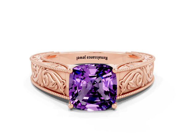 Rose gold Cushion Cut Amethyst Solitaire Ring with Engraved Band and Four-Prong Setting