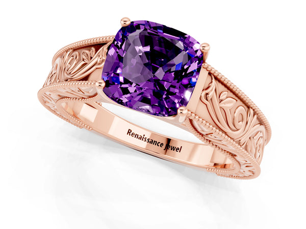 Rose gold Cushion Cut Amethyst Solitaire Ring with Engraved Band and Four-Prong Setting