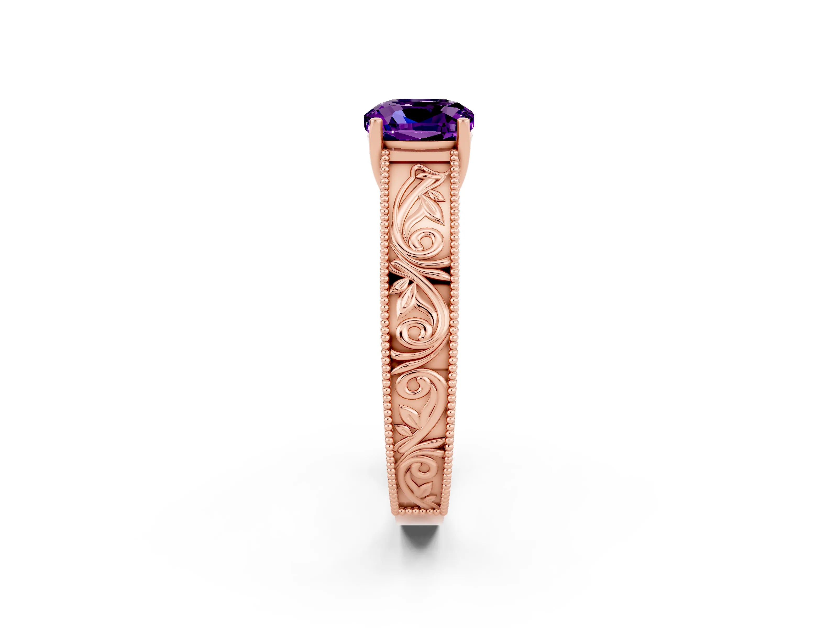 Rose gold Cushion Cut Amethyst Solitaire Ring with Engraved Band and Four-Prong Setting_2