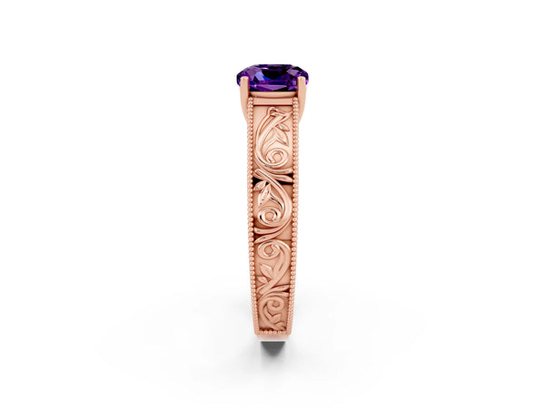 Rose gold Cushion Cut Amethyst Solitaire Ring with Engraved Band and Four-Prong Setting