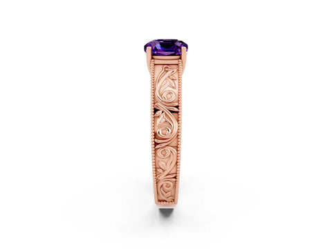 Rose gold Cushion Cut Amethyst Solitaire Ring with Engraved Band and Four-Prong Setting_2