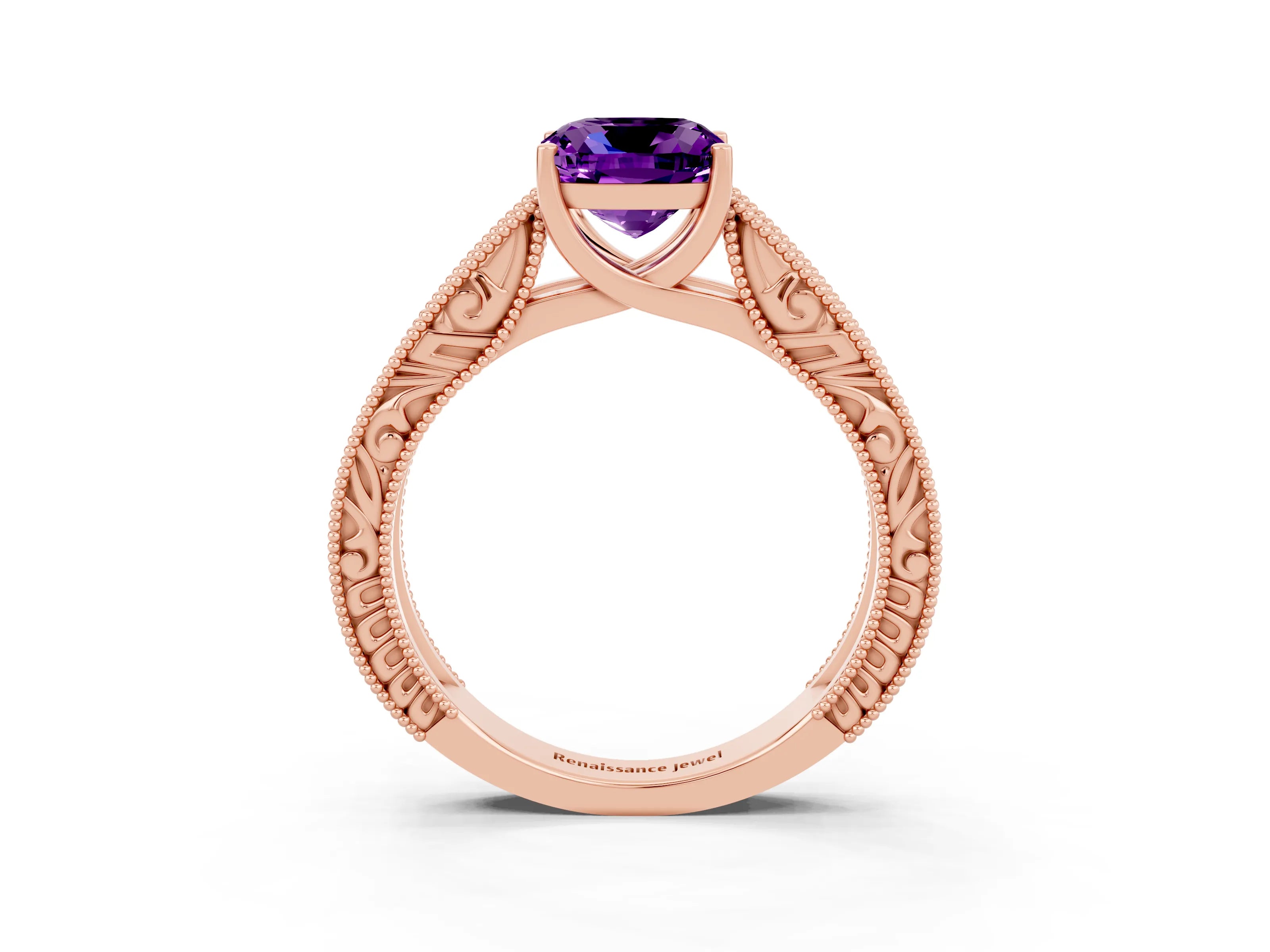 Rose gold Cushion Cut Amethyst Solitaire Ring with Engraved Band and Four-Prong Setting_3