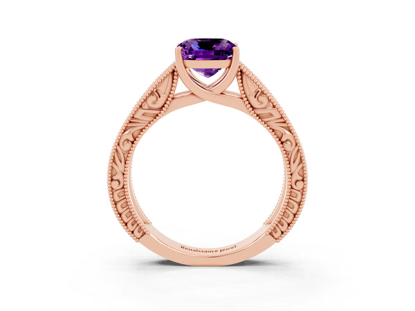 Rose gold Cushion Cut Amethyst Solitaire Ring with Engraved Band and Four-Prong Setting
