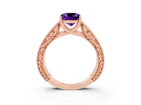 Rose gold Cushion Cut Amethyst Solitaire Ring with Engraved Band and Four-Prong Setting_3