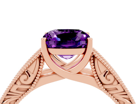 Rose gold Cushion Cut Amethyst Solitaire Ring with Engraved Band and Four-Prong Setting_4
