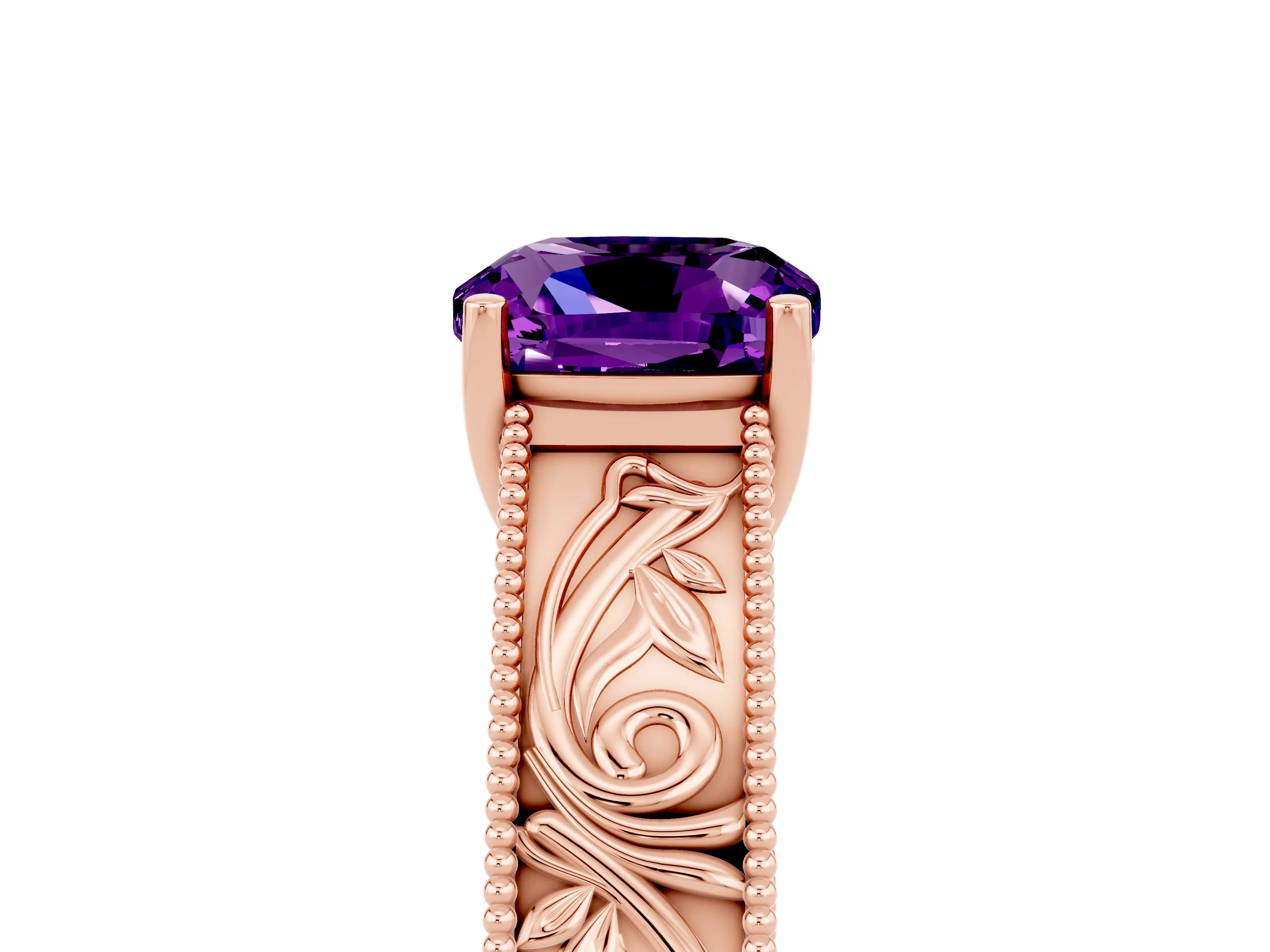 Rose gold Cushion Cut Amethyst Solitaire Ring with Engraved Band and Four-Prong Setting_5