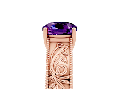 Rose gold Cushion Cut Amethyst Solitaire Ring with Engraved Band and Four-Prong Setting_5