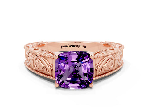 Rose gold Cushion Cut Amethyst Solitaire Ring with Engraved Band and Four-Prong Setting