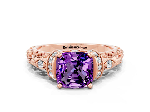 Rose gold Cushion Cut Amethyst Solitaire Ring with Filigree Band and Four-Prong Setting_24