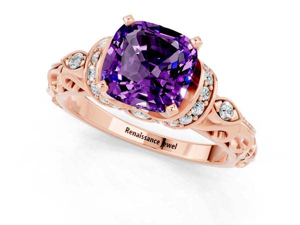 Rose gold Cushion Cut Amethyst Solitaire Ring with Filigree Band and Four-Prong Setting