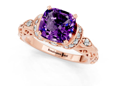 Rose gold Cushion Cut Amethyst Solitaire Ring with Filigree Band and Four-Prong Setting_25