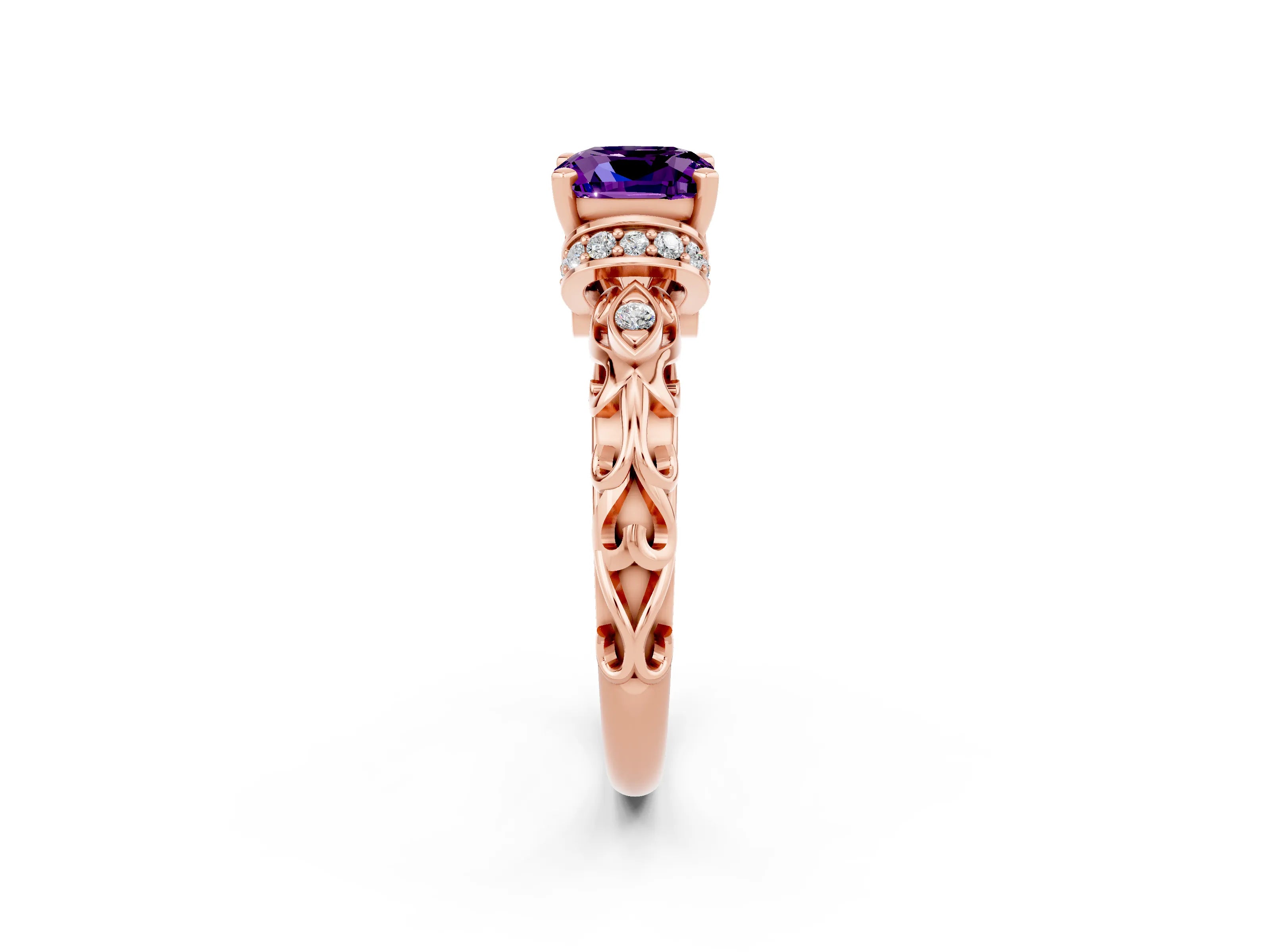 Rose gold Cushion Cut Amethyst Solitaire Ring with Filigree Band and Four-Prong Setting_26