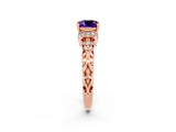 Rose gold Cushion Cut Amethyst Solitaire Ring with Filigree Band and Four-Prong Setting_26