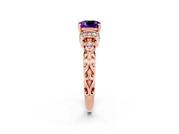 Rose gold Cushion Cut Amethyst Solitaire Ring with Filigree Band and Four-Prong Setting