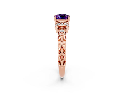 Rose gold Cushion Cut Amethyst Solitaire Ring with Filigree Band and Four-Prong Setting_26