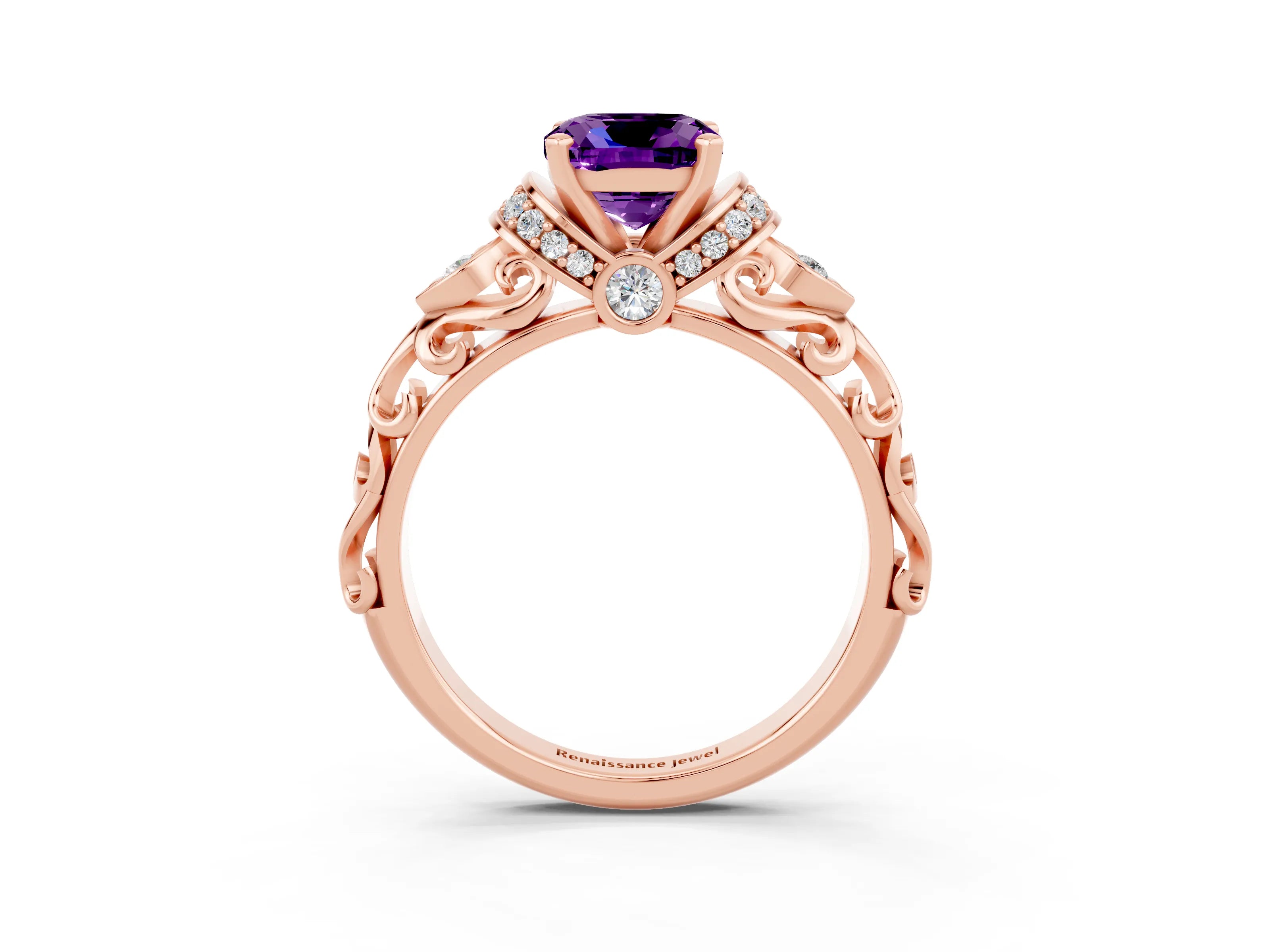 Rose gold Cushion Cut Amethyst Solitaire Ring with Filigree Band and Four-Prong Setting_27