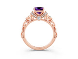 Rose gold Cushion Cut Amethyst Solitaire Ring with Filigree Band and Four-Prong Setting_27