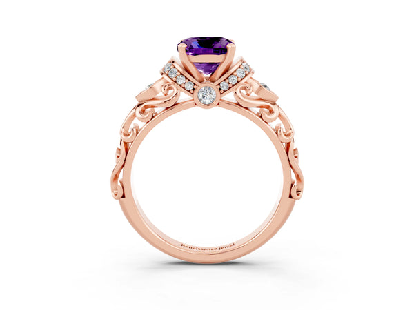 Rose gold Cushion Cut Amethyst Solitaire Ring with Filigree Band and Four-Prong Setting