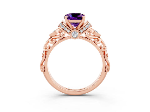 Rose gold Cushion Cut Amethyst Solitaire Ring with Filigree Band and Four-Prong Setting_27