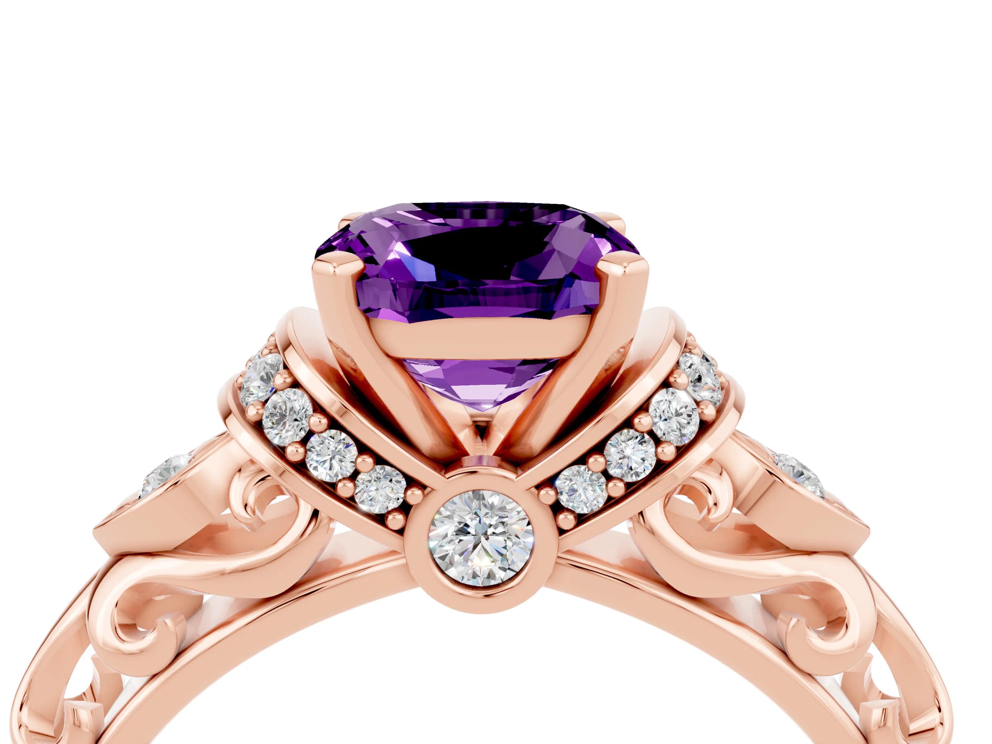 Rose gold Cushion Cut Amethyst Solitaire Ring with Filigree Band and Four-Prong Setting_28