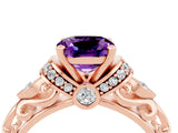 Rose gold Cushion Cut Amethyst Solitaire Ring with Filigree Band and Four-Prong Setting_28
