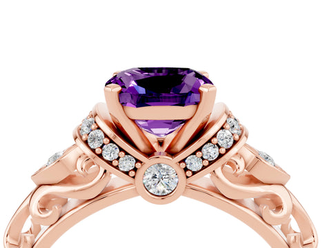Rose gold Cushion Cut Amethyst Solitaire Ring with Filigree Band and Four-Prong Setting_28