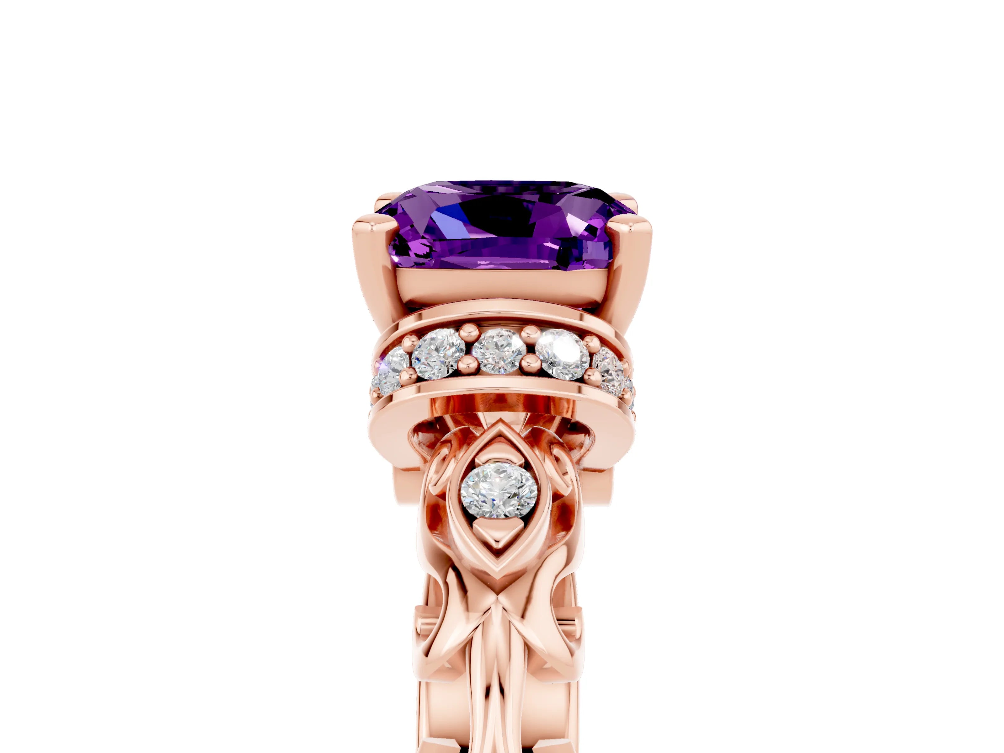 Rose gold Cushion Cut Amethyst Solitaire Ring with Filigree Band and Four-Prong Setting_29