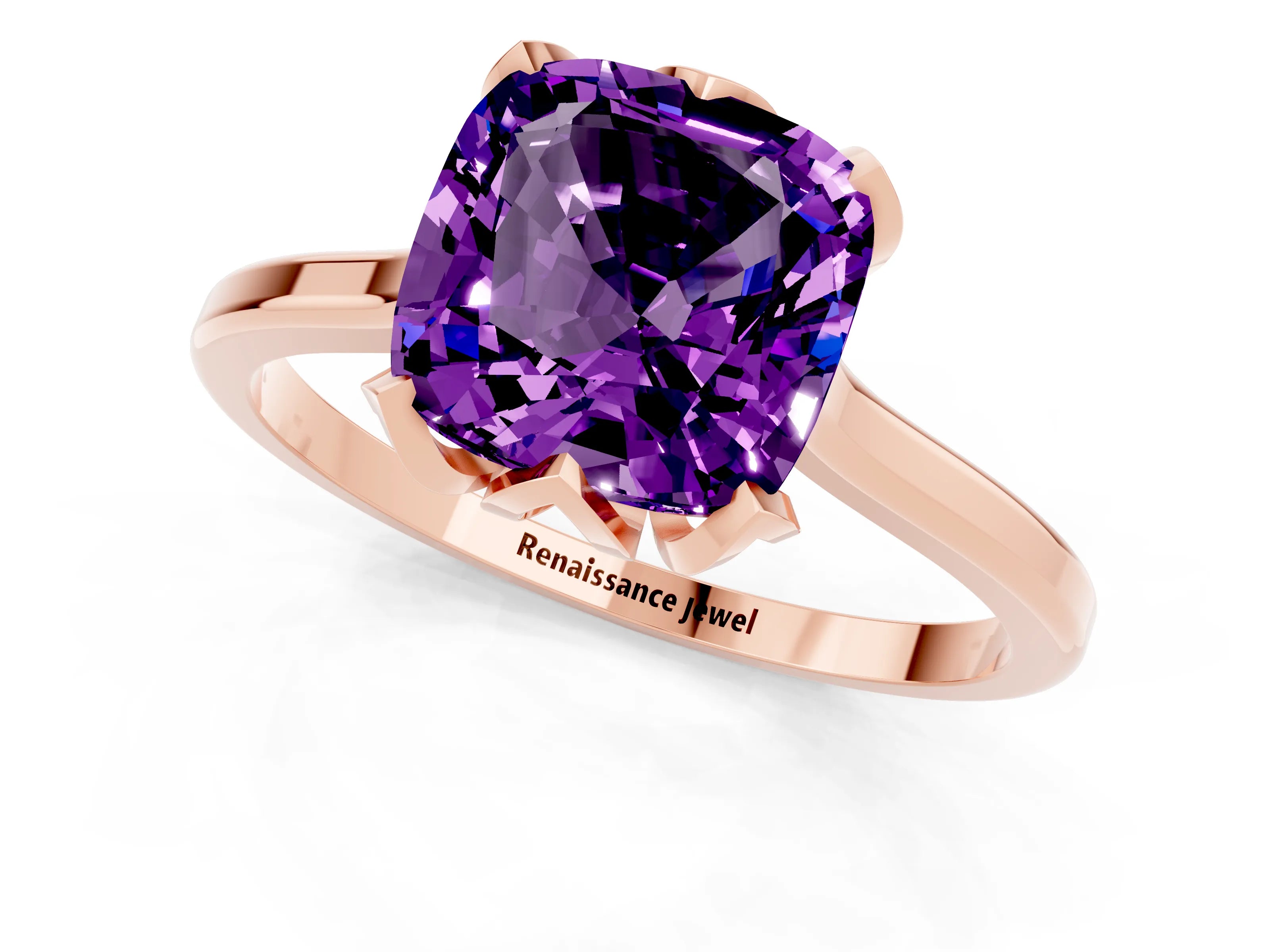 Rose gold Cushion Cut Amethyst Solitaire Ring with Flower Prong Setting and Classic Band_13