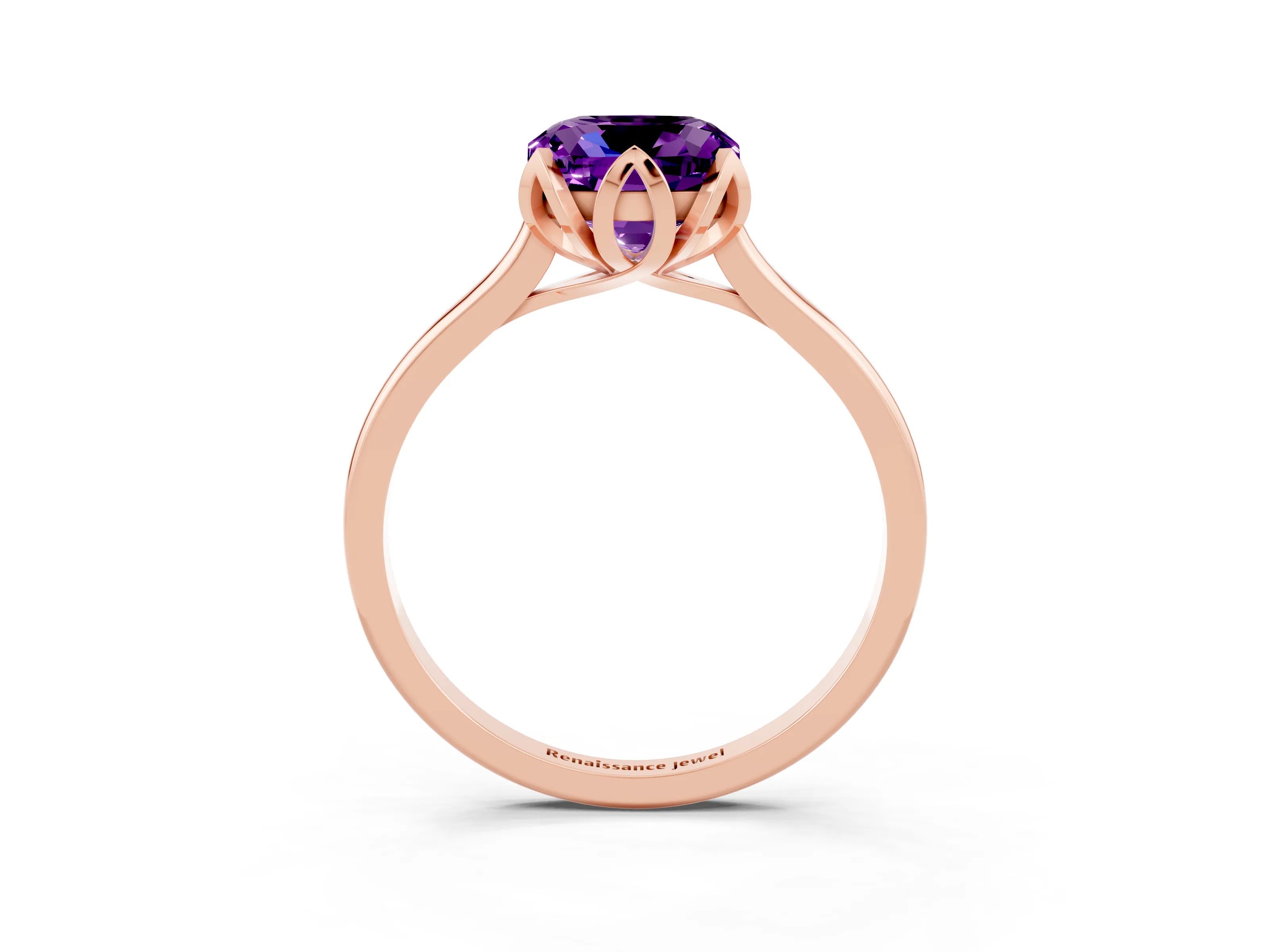 Rose gold Cushion Cut Amethyst Solitaire Ring with Flower Prong Setting and Classic Band_15