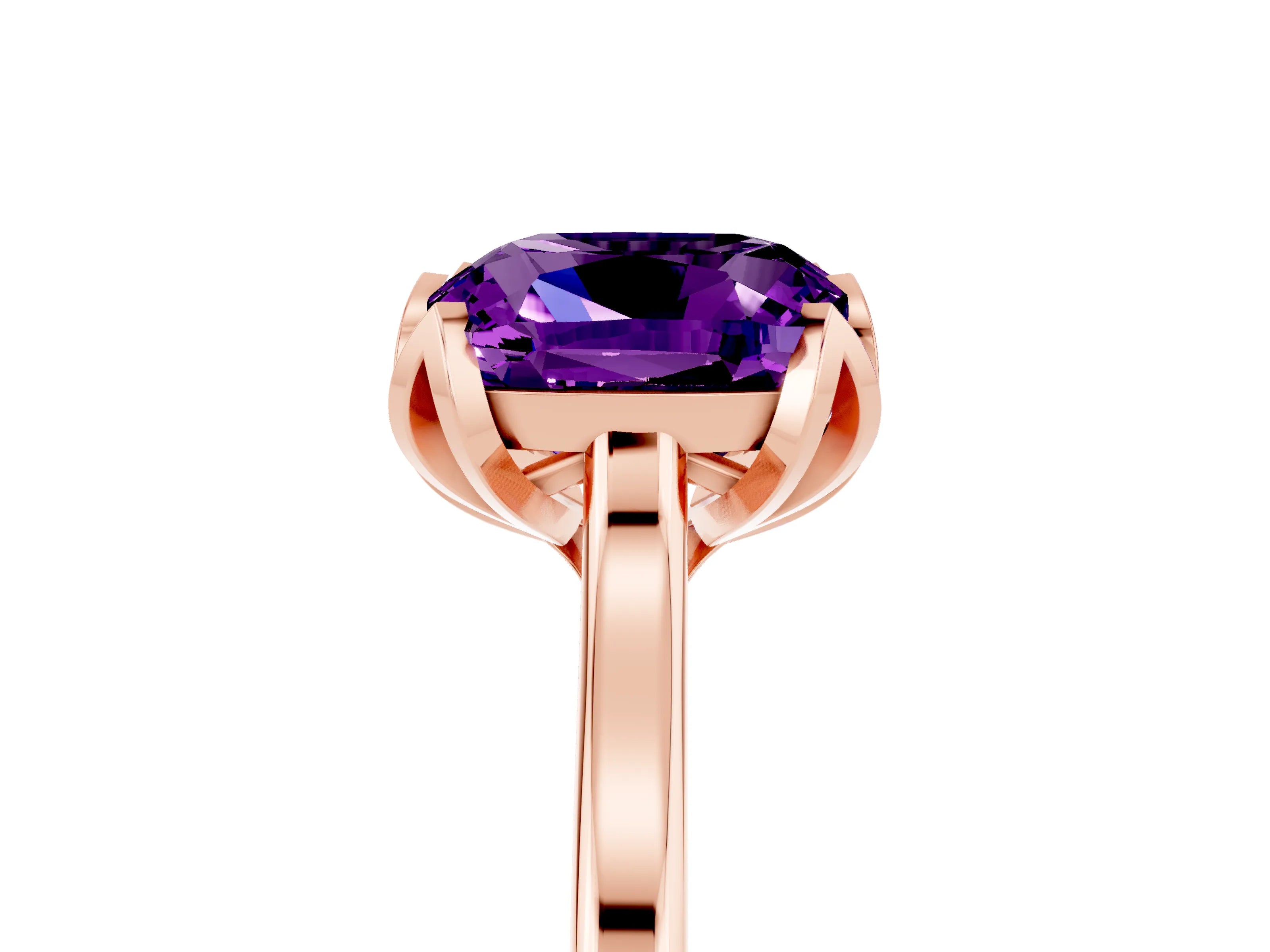 Rose gold Cushion Cut Amethyst Solitaire Ring with Flower Prong Setting and Classic Band_17