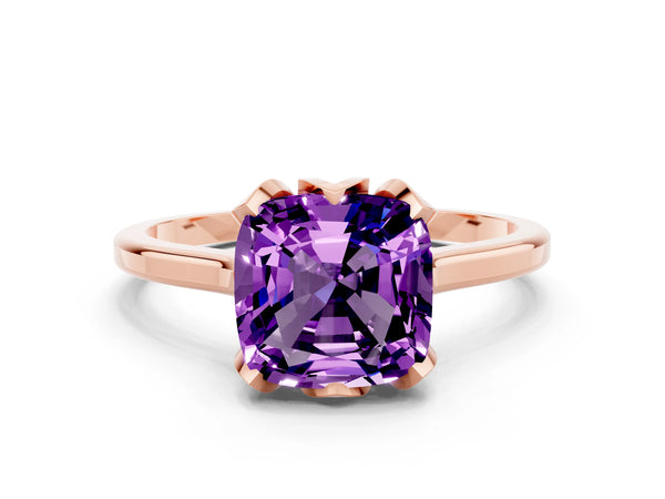 Rose gold Cushion Cut Amethyst Solitaire Ring with Flower Prong Setting and Classic Band