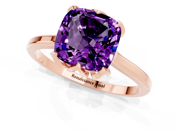Rose gold Cushion Cut Amethyst Solitaire Ring with Flower Prong Setting and Classic Band