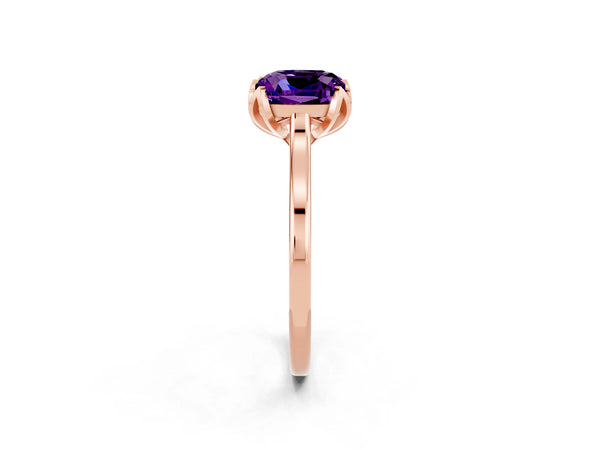 Rose gold Cushion Cut Amethyst Solitaire Ring with Flower Prong Setting and Classic Band