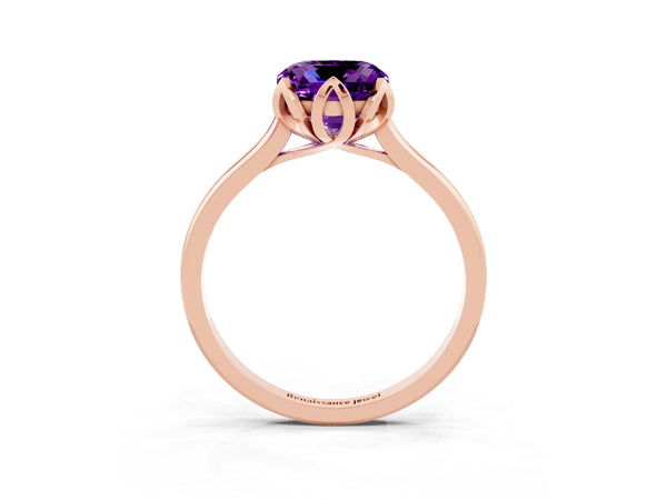 Rose gold Cushion Cut Amethyst Solitaire Ring with Flower Prong Setting and Classic Band