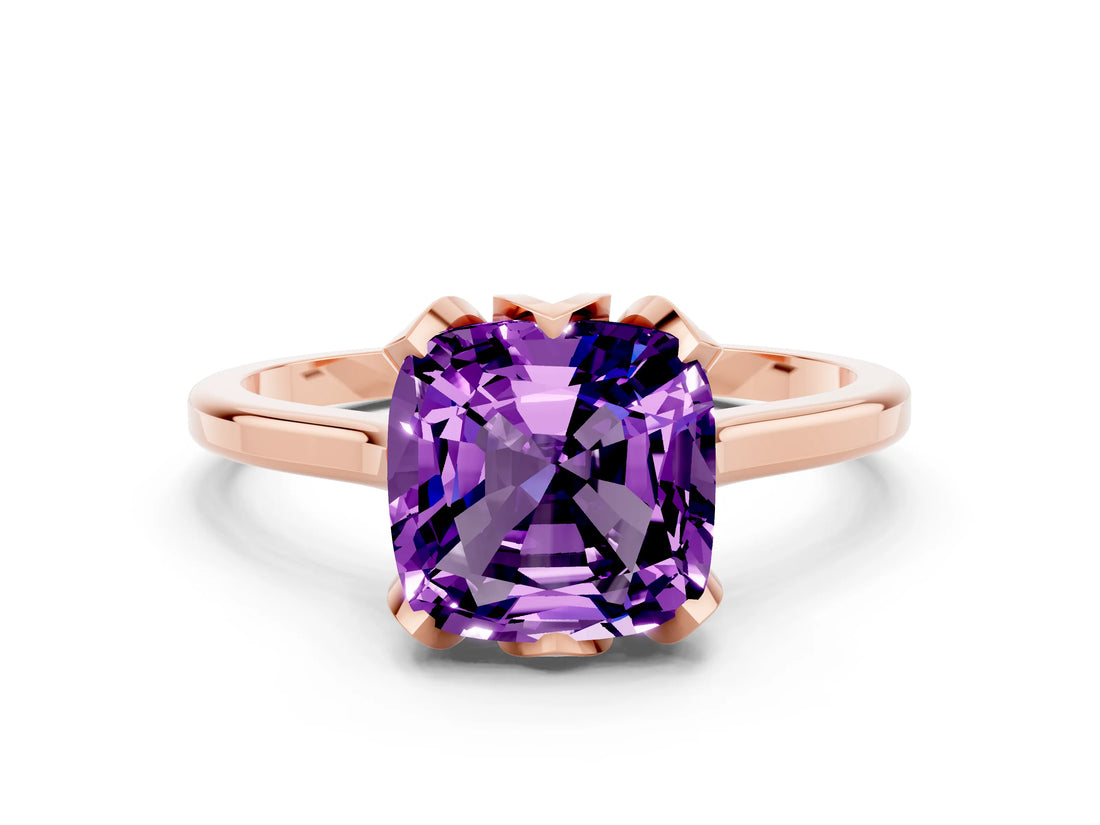 Rose gold Cushion Cut Amethyst Solitaire Ring with Flower Prong Setting and Classic Band_36