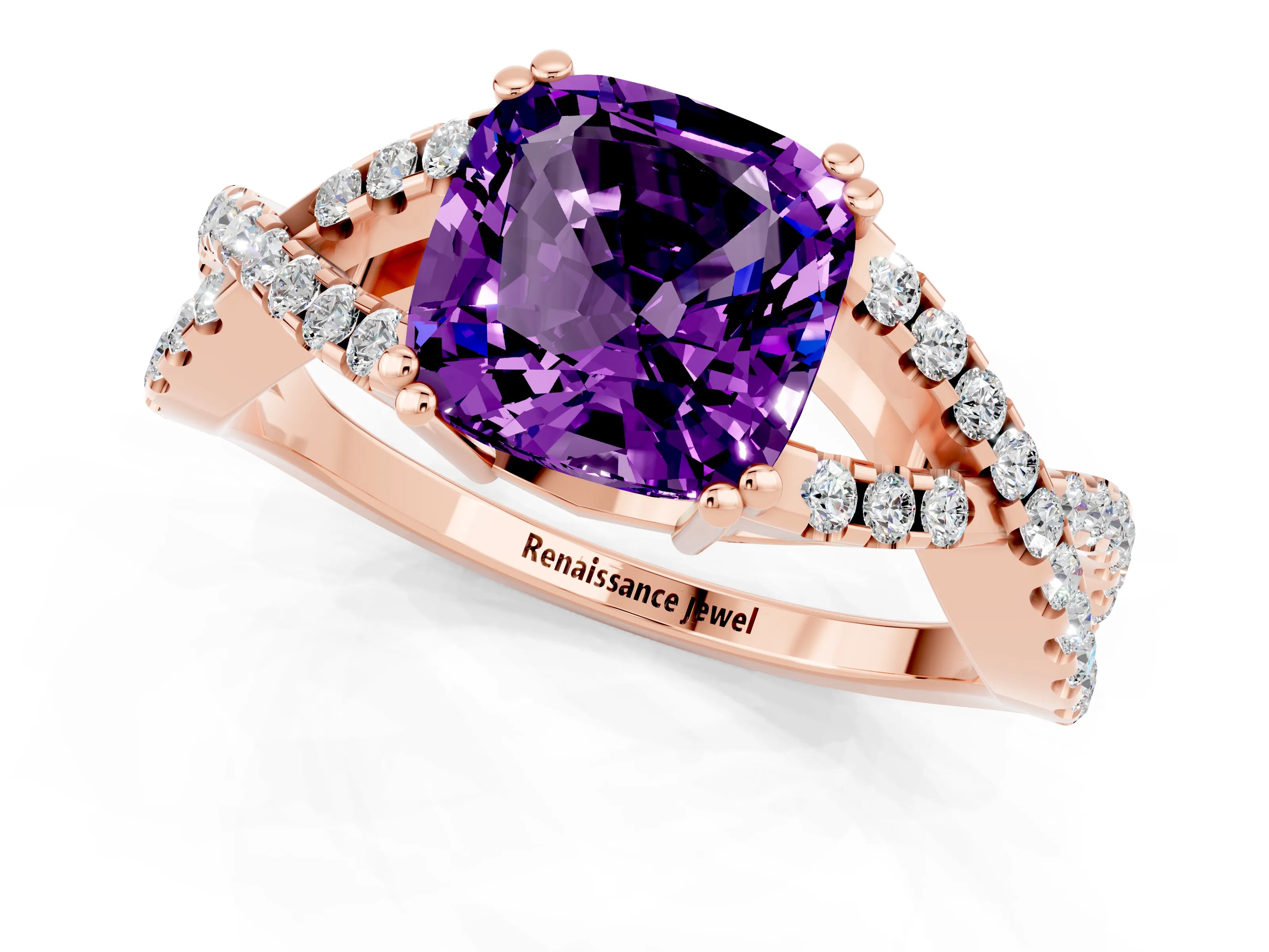 Rose gold Cushion Cut Amethyst Solitaire Ring with Four-Prong Setting and Twisted Pavé Band_1