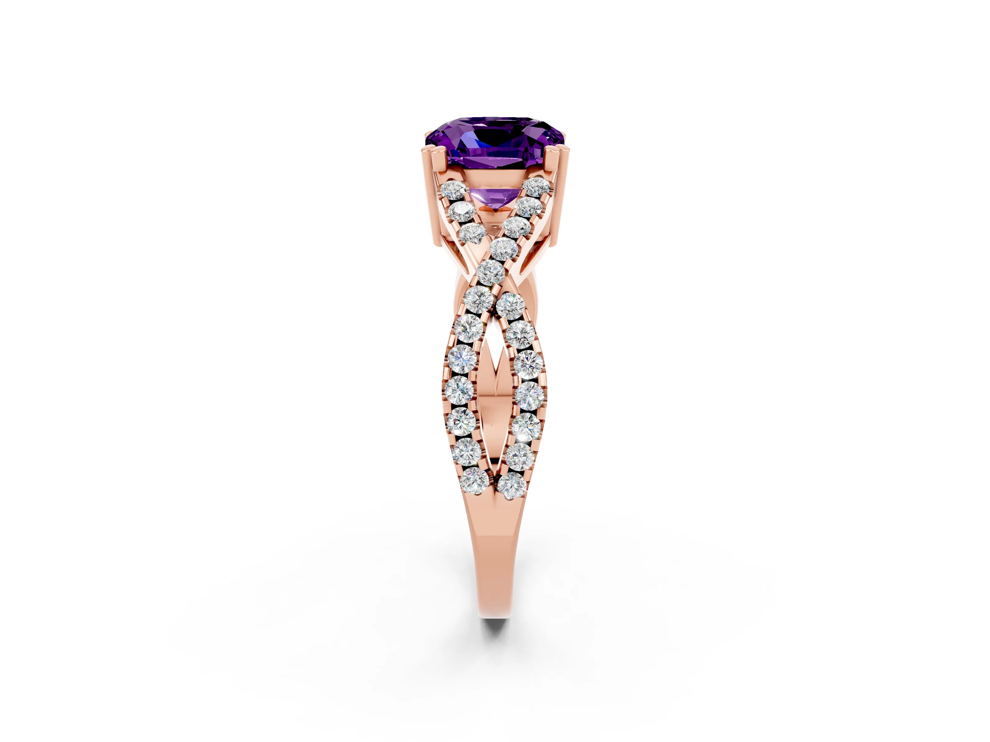 Rose gold Cushion Cut Amethyst Solitaire Ring with Four-Prong Setting and Twisted Pavé Band_2