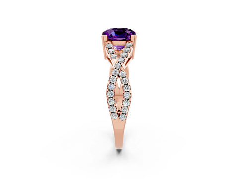 Rose gold Cushion Cut Amethyst Solitaire Ring with Four-Prong Setting and Twisted Pavé Band_2
