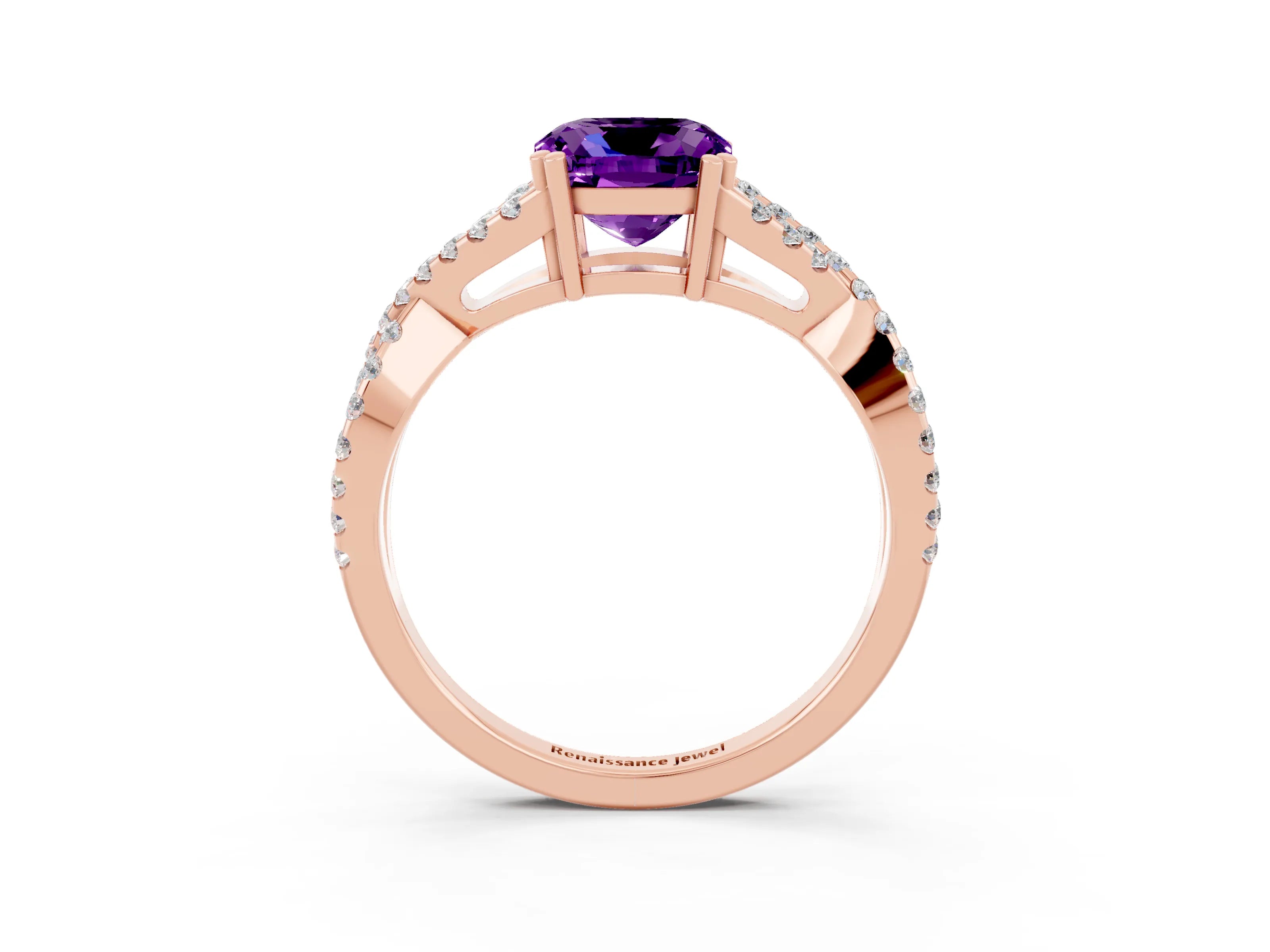 Rose gold Cushion Cut Amethyst Solitaire Ring with Four-Prong Setting and Twisted Pavé Band_3