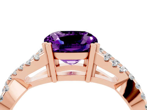 Rose gold Cushion Cut Amethyst Solitaire Ring with Four-Prong Setting and Twisted Pavé Band_4