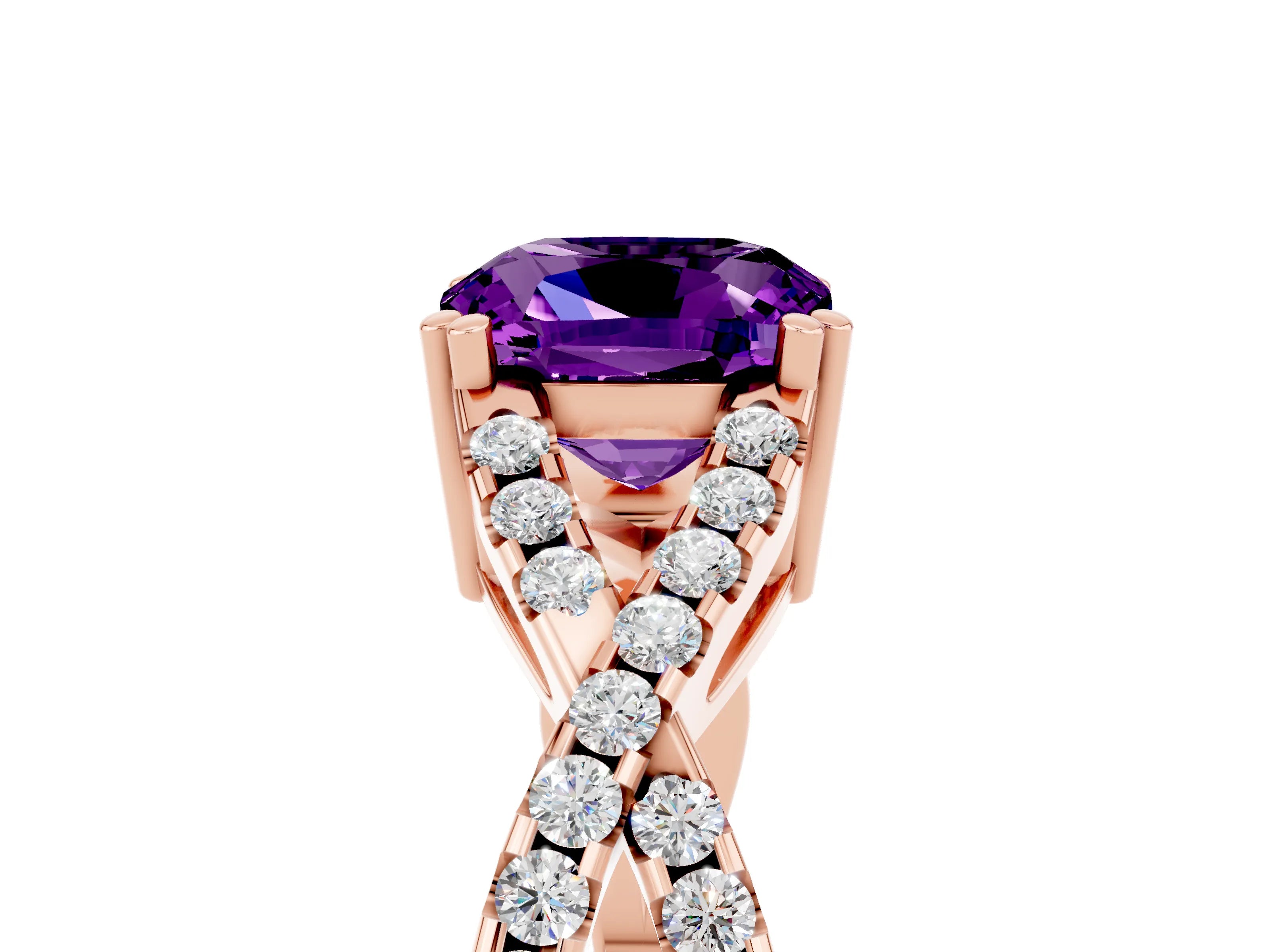 Rose gold Cushion Cut Amethyst Solitaire Ring with Four-Prong Setting and Twisted Pavé Band_5