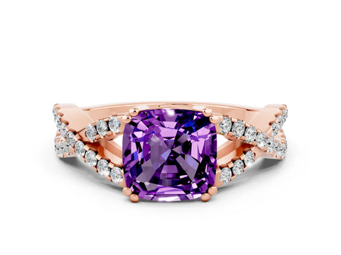 Rose gold Cushion Cut Amethyst Solitaire Ring with Four-Prong Setting and Twisted Pavé Band