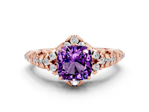 Rose gold Cushion Cut Amethyst Solitaire Ring with Hidden Halo and Pavé Band_12