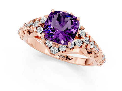 Rose gold Cushion Cut Amethyst Solitaire Ring with Hidden Halo and Pavé Band_13