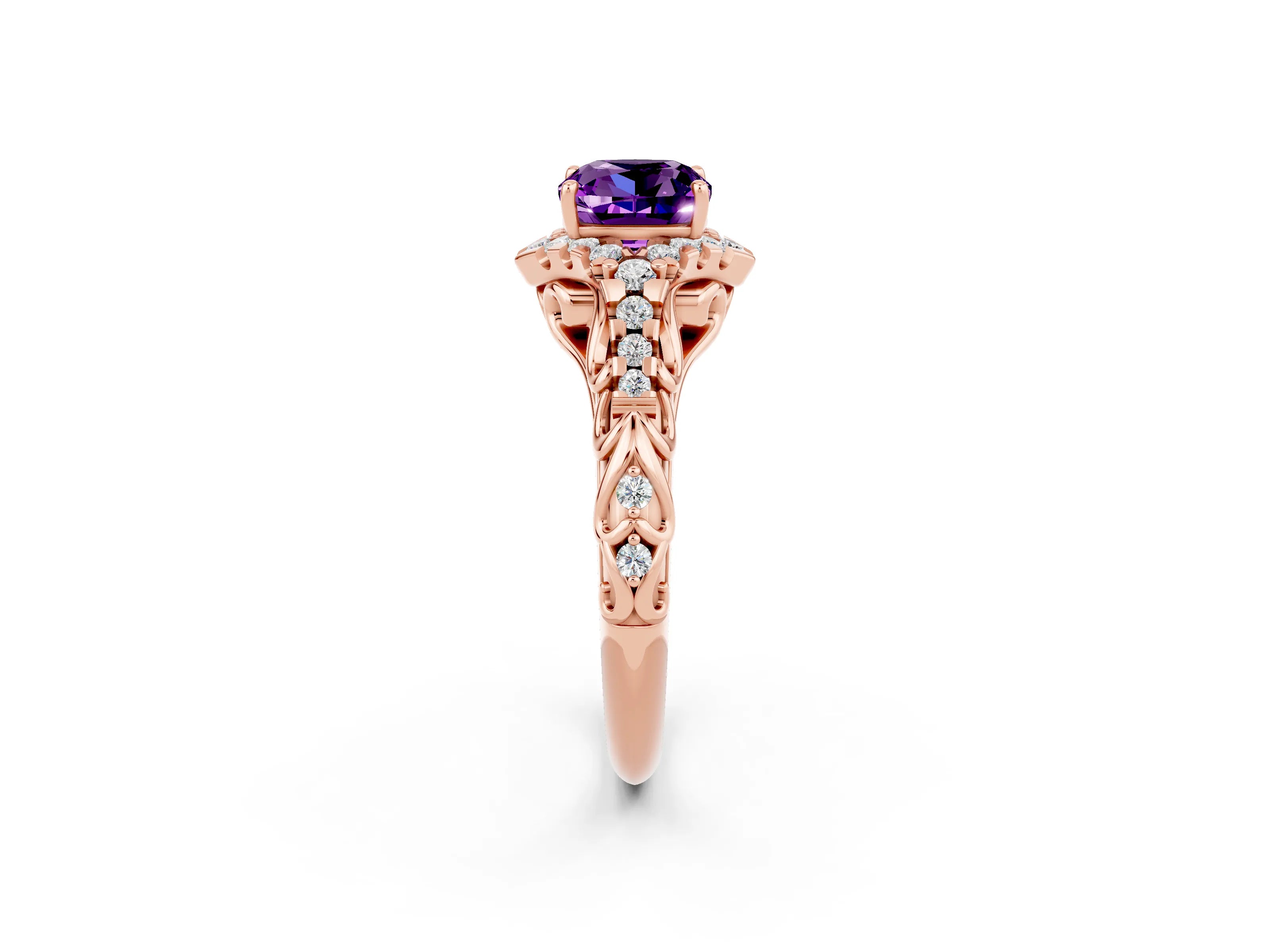 Rose gold Cushion Cut Amethyst Solitaire Ring with Hidden Halo and Pavé Band_14