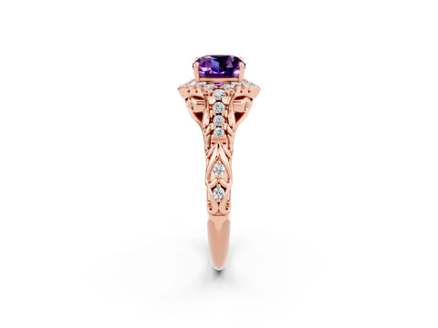 Rose gold Cushion Cut Amethyst Solitaire Ring with Hidden Halo and Pavé Band_14