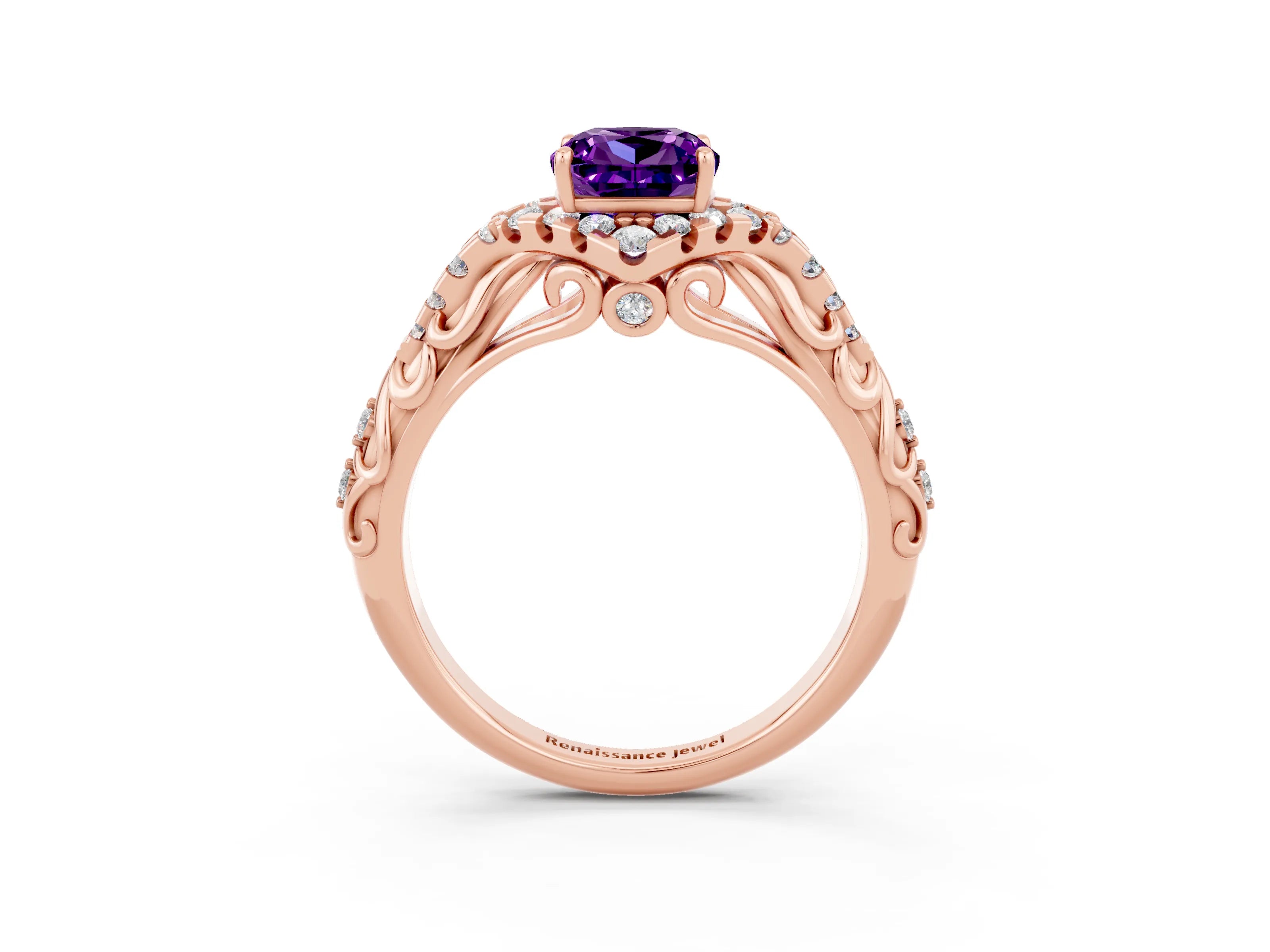 Rose gold Cushion Cut Amethyst Solitaire Ring with Hidden Halo and Pavé Band_15