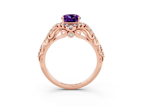Rose gold Cushion Cut Amethyst Solitaire Ring with Hidden Halo and Pavé Band_15