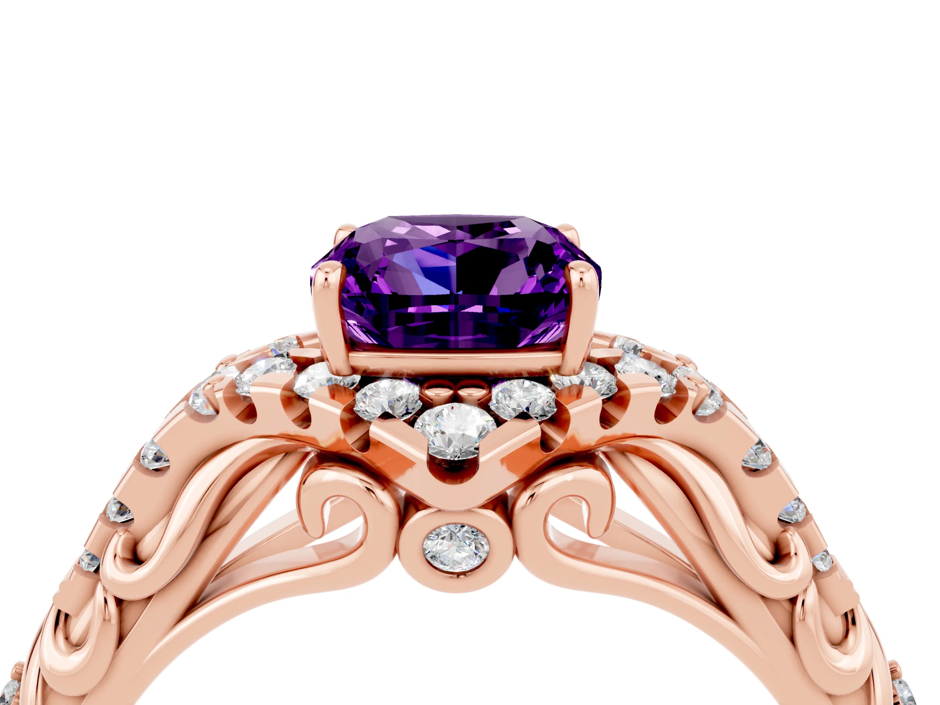 Rose gold Cushion Cut Amethyst Solitaire Ring with Hidden Halo and Pavé Band_16
